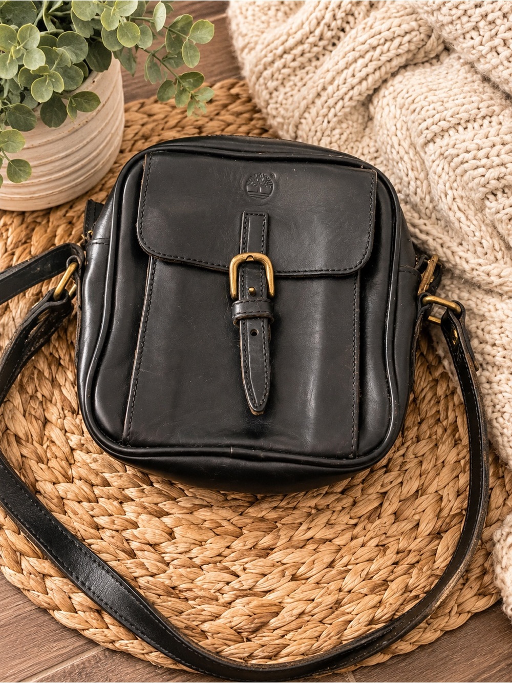 Vintage Timberland Black Genuine Leather Buckle Flap Crossbody Bag